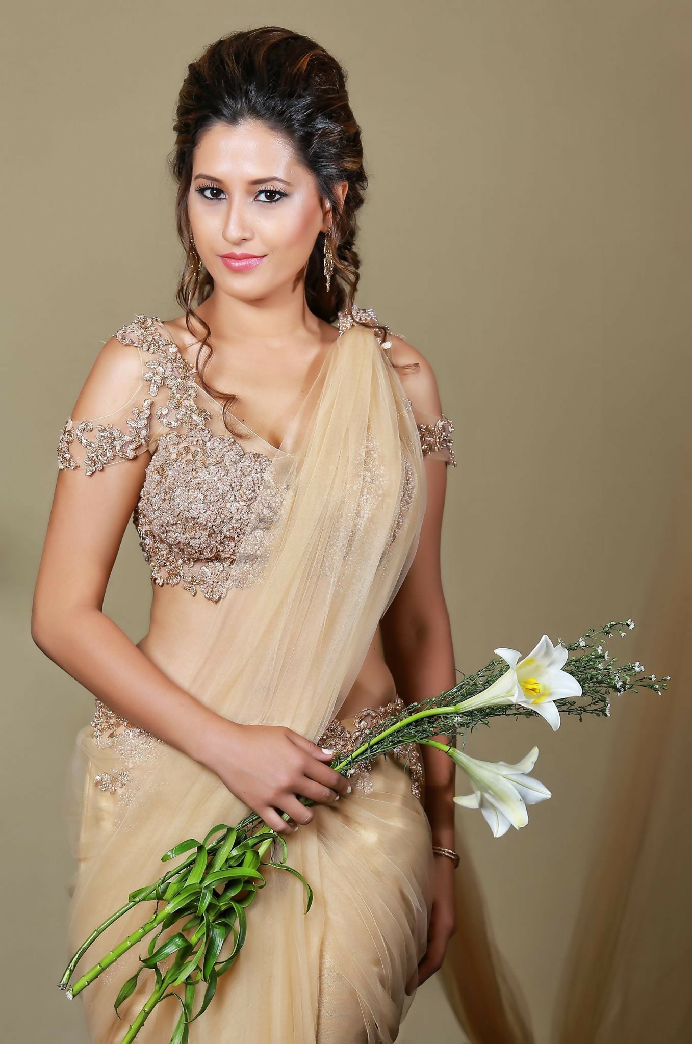 Anita silk and tulle Nude Saree - Runway Collections