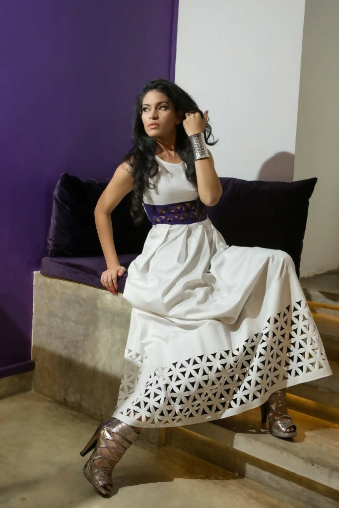 Naila Cotton laser cut long dress - Runway Collections